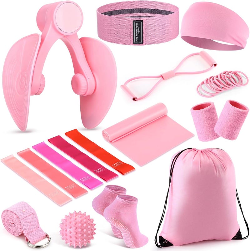 Halloscume 15 pcs Pilates Kit for Women Home Pilates Yoga Fitness Set with Pelvic Floor Trainer 5 Resistance Band Stretching Strap Non Slip Sock Ball Wristband Headband Gym Bag - Image 1